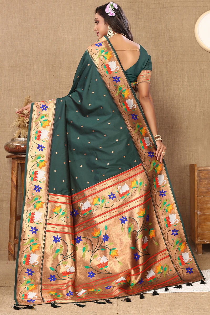 Winsome Dark Green Paithani Silk Saree With Aplomb Blouse Piece