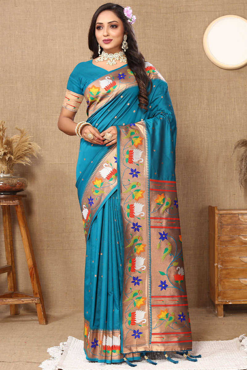 Sumptuous Firozi Paithani Silk Saree With Divine Blouse Piece