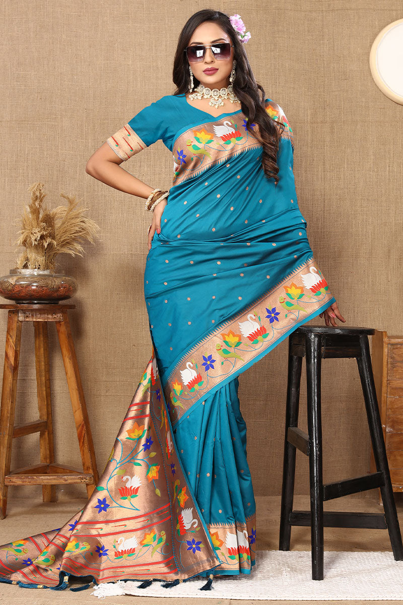 Sumptuous Firozi Paithani Silk Saree With Divine Blouse Piece