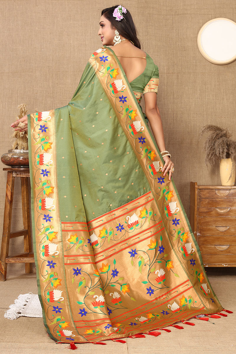 Mesmerising Mehndi Paithani Silk Saree With Precious Blouse Piece
