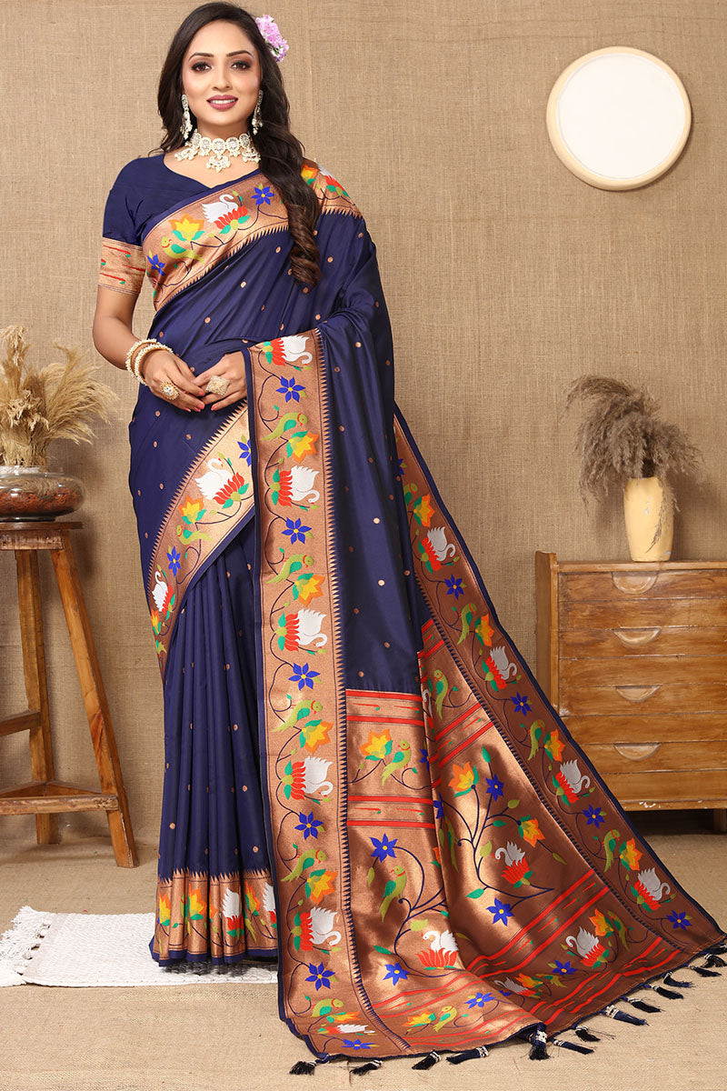Marvellous Navy Blue Paithani Silk Saree With A glam Blouse Piece