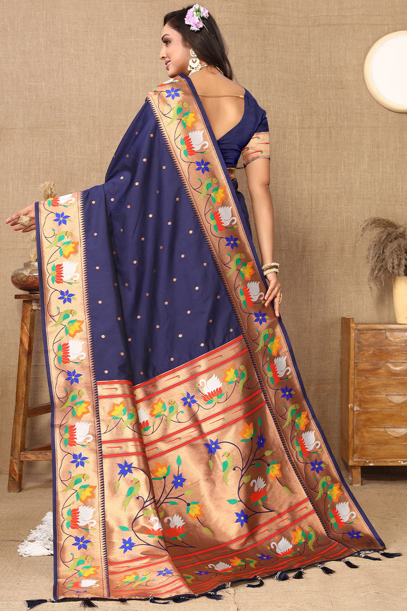 Marvellous Navy Blue Paithani Silk Saree With A glam Blouse Piece