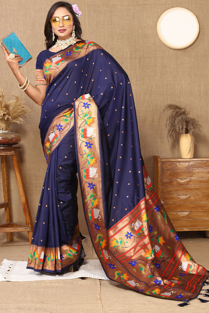 Marvellous Navy Blue Paithani Silk Saree With A glam Blouse Piece