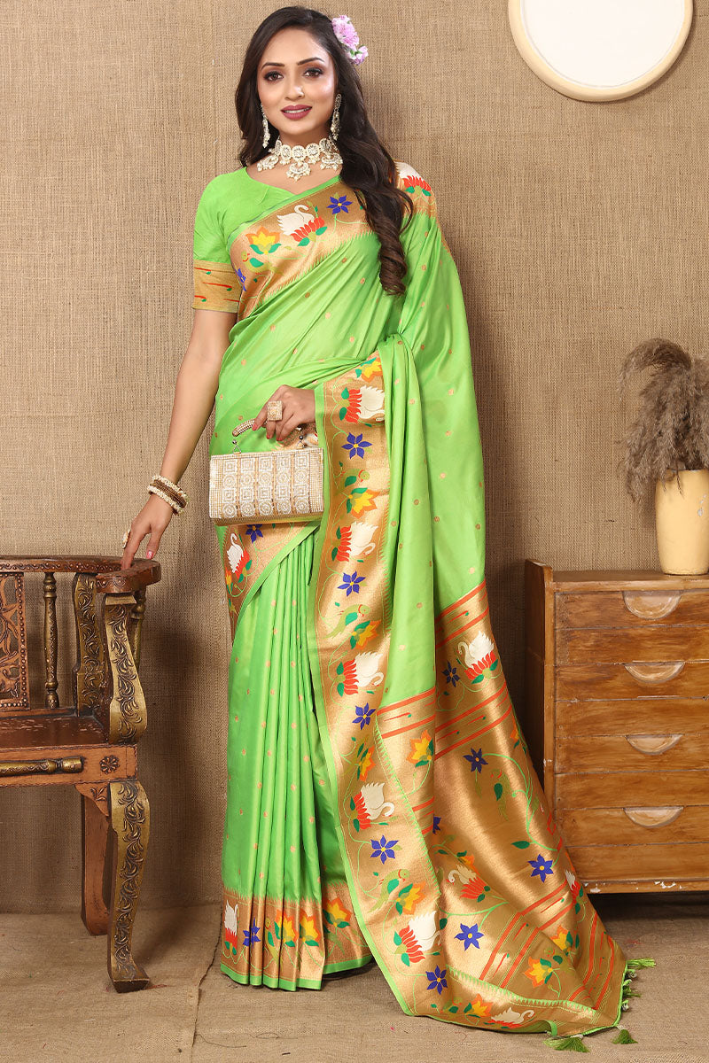 Elision Parrot Paithani Silk Saree With Delectable Blouse Piece