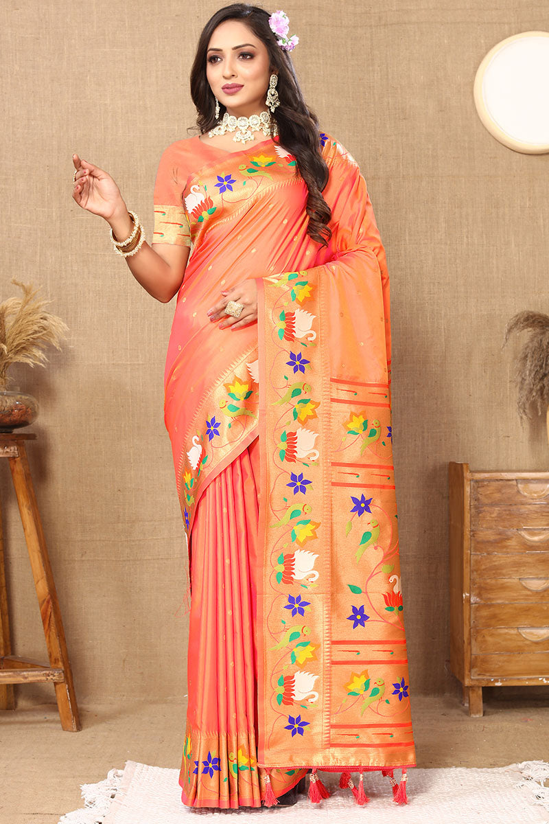 Snazzy Peach Paithani Silk Saree With Incomparable Blouse Piece