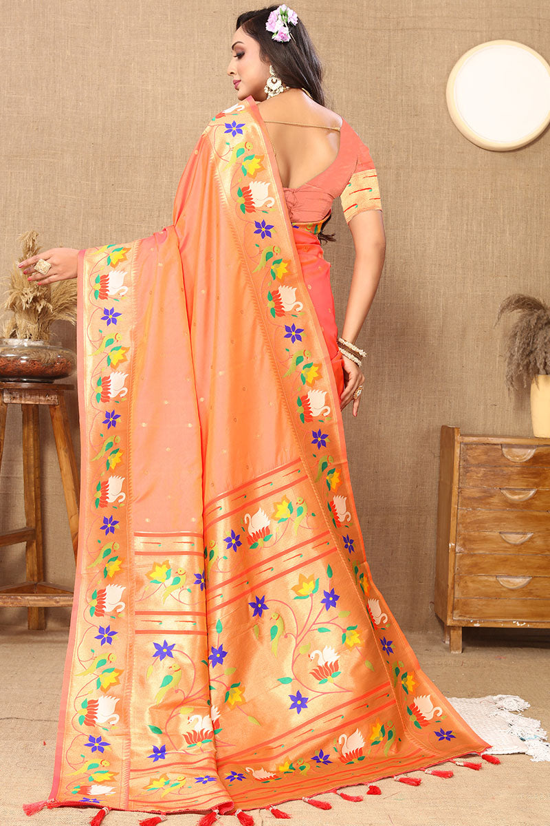 Snazzy Peach Paithani Silk Saree With Incomparable Blouse Piece