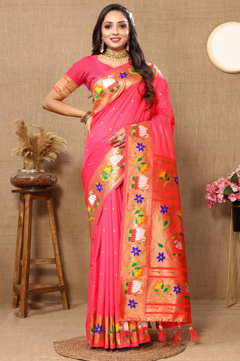 Smashing Pink Paithani Silk Saree With Beguiling Blouse Piece