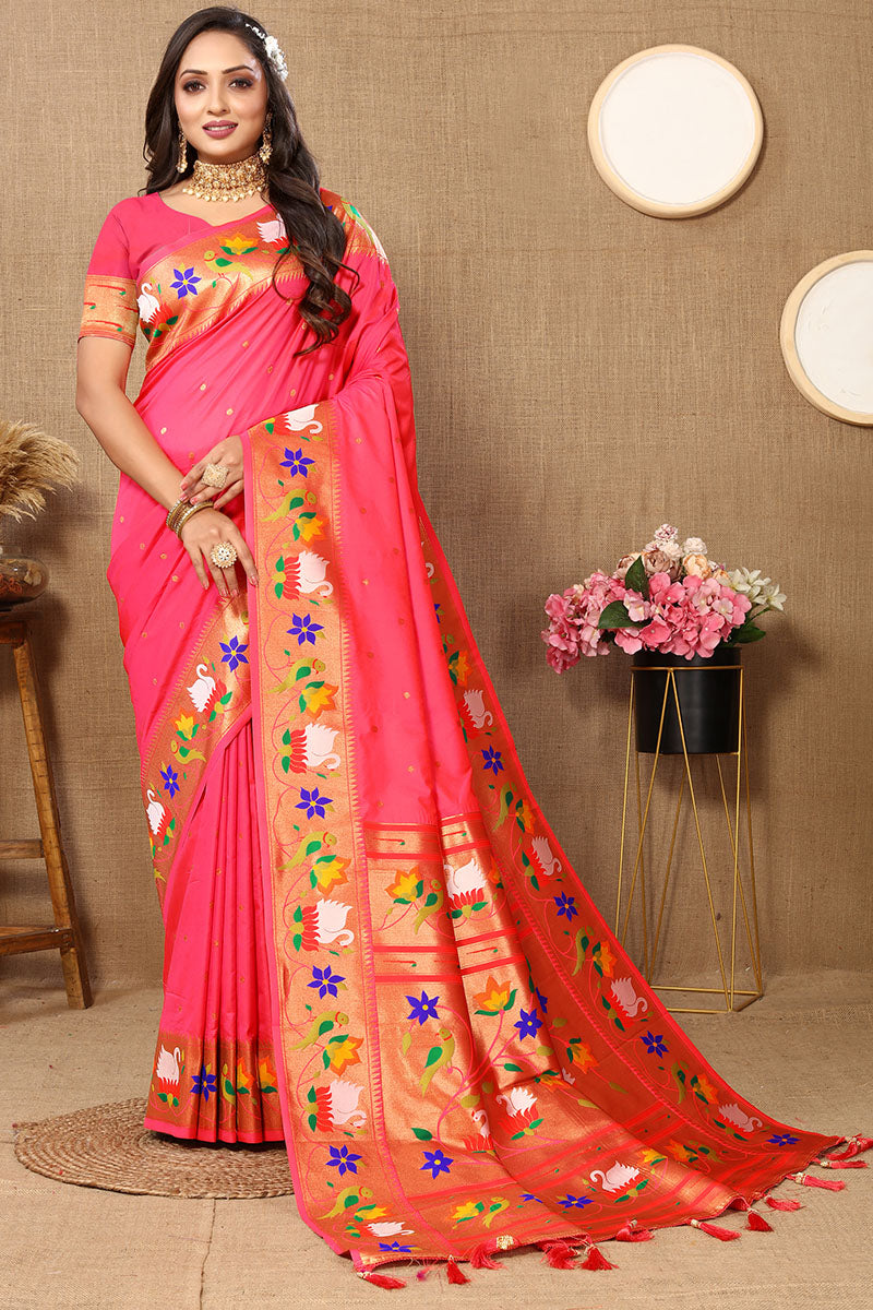 Smashing Pink Paithani Silk Saree With Beguiling Blouse Piece