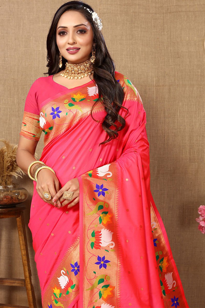 Smashing Pink Paithani Silk Saree With Beguiling Blouse Piece