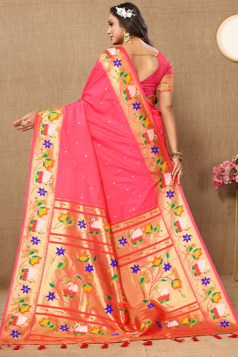 Smashing Pink Paithani Silk Saree With Beguiling Blouse Piece