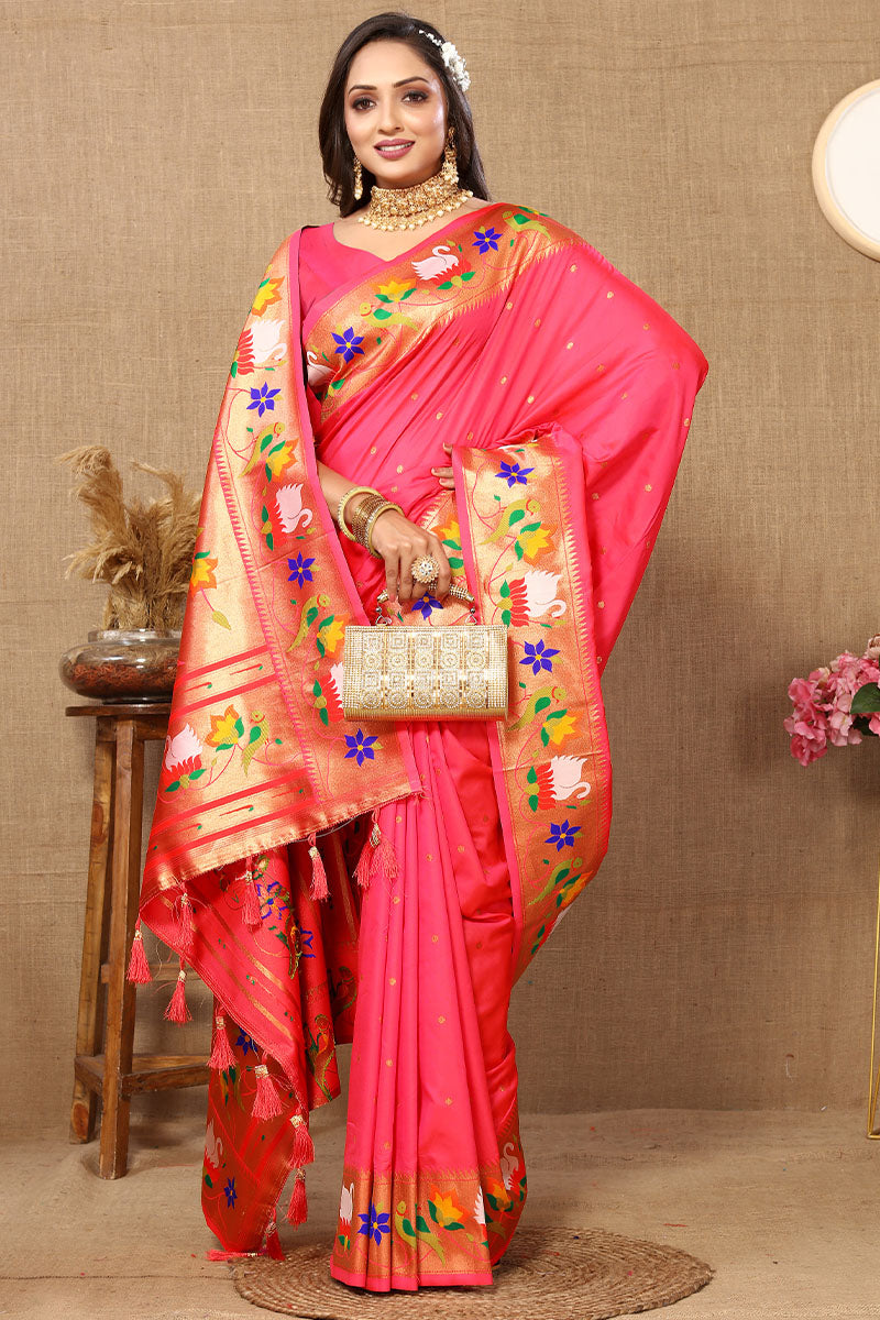 Smashing Pink Paithani Silk Saree With Beguiling Blouse Piece