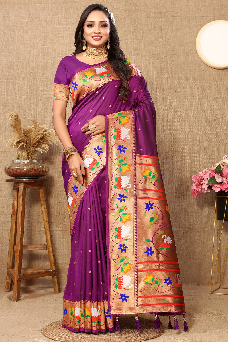 Ebullience Purple Paithani Silk Saree With Chatoyant Blouse Piece