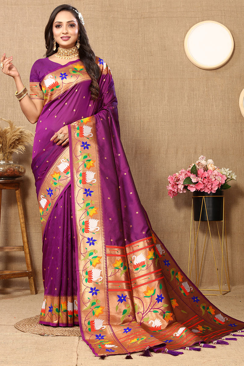 Ebullience Purple Paithani Silk Saree With Chatoyant Blouse Piece
