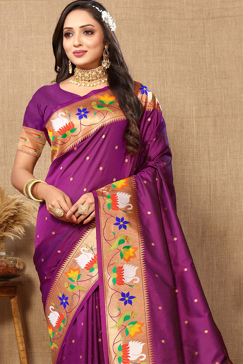 Ebullience Purple Paithani Silk Saree With Chatoyant Blouse Piece