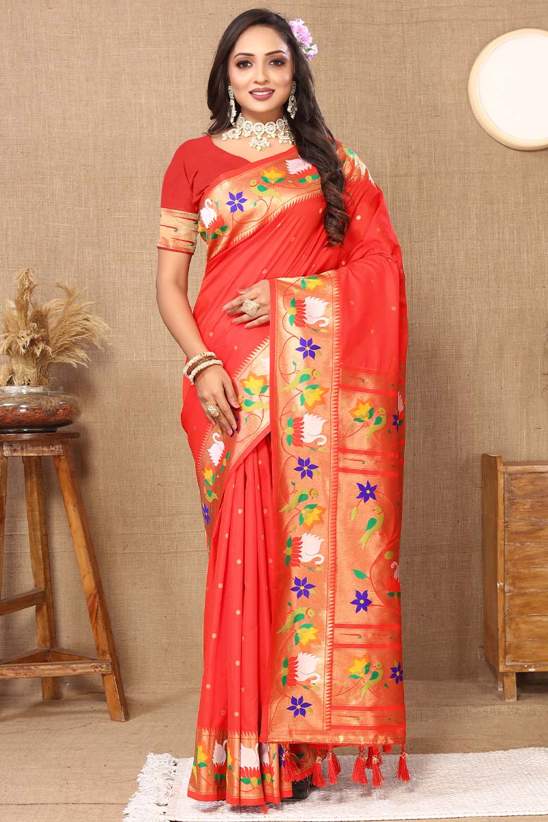 Classic Red Paithani Silk Saree With Prominent Blouse Piece