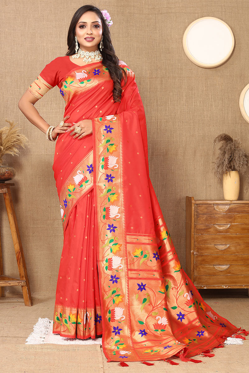 Classic Red Paithani Silk Saree With Prominent Blouse Piece