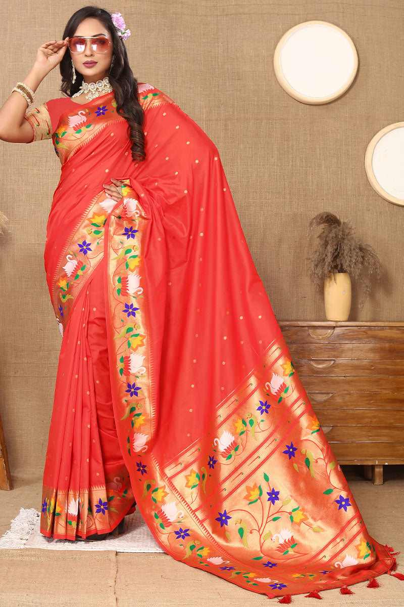 Classic Red Paithani Silk Saree With Prominent Blouse Piece
