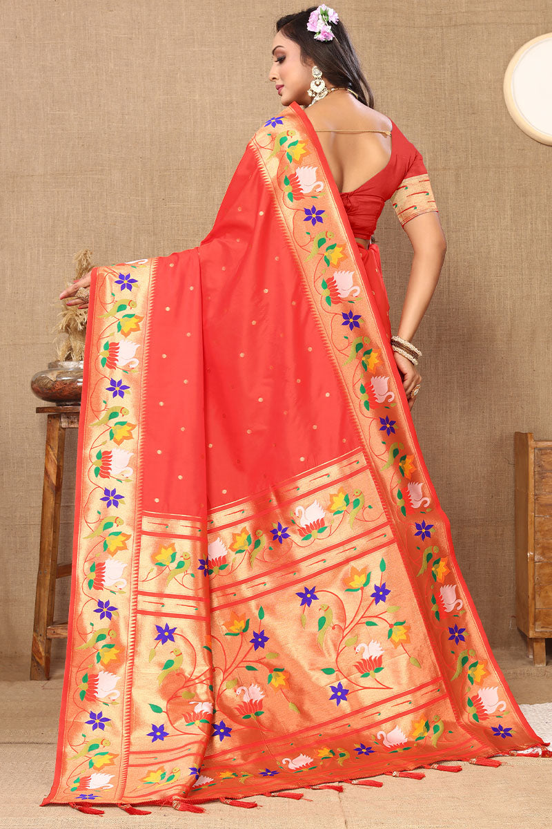 Classic Red Paithani Silk Saree With Prominent Blouse Piece