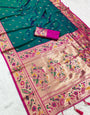 Pulsating Rama Paithani Silk Saree With Verdant Blouse Piece