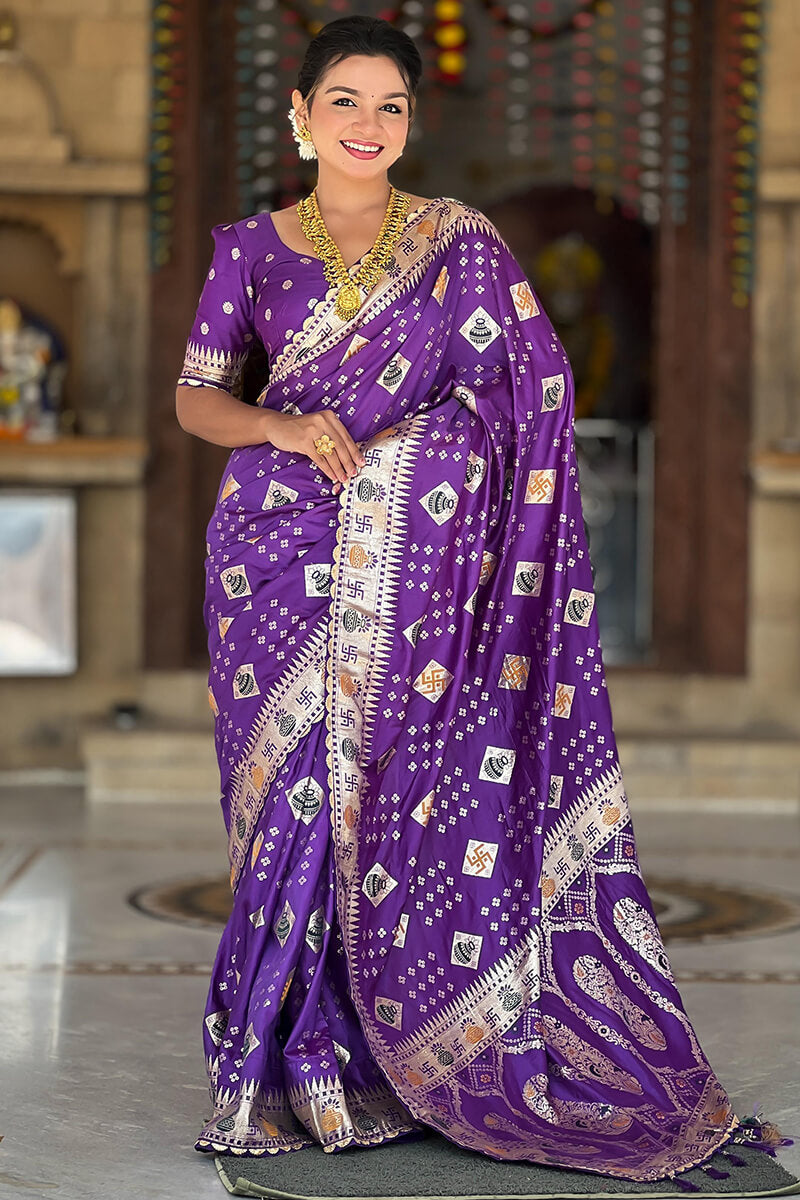 Sizzling Purple Soft Banarasi Silk Saree With Amazing Blouse Piece