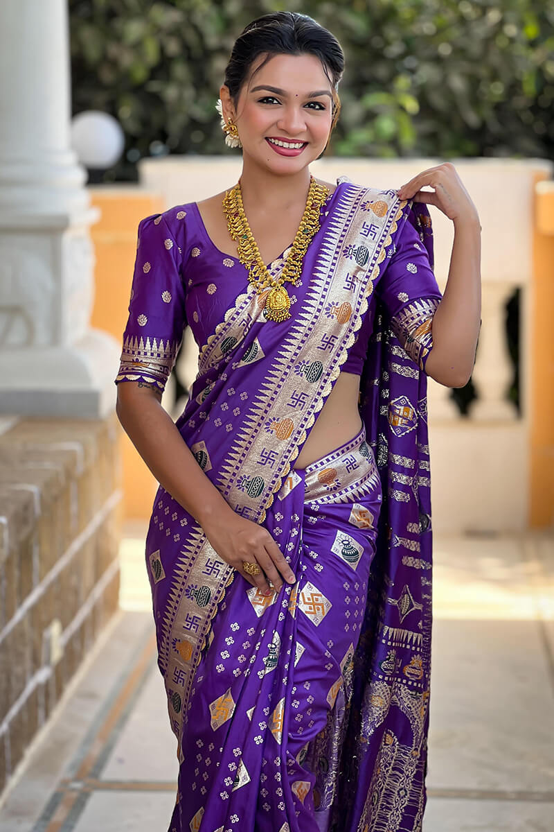 Sizzling Purple Soft Banarasi Silk Saree With Amazing Blouse Piece