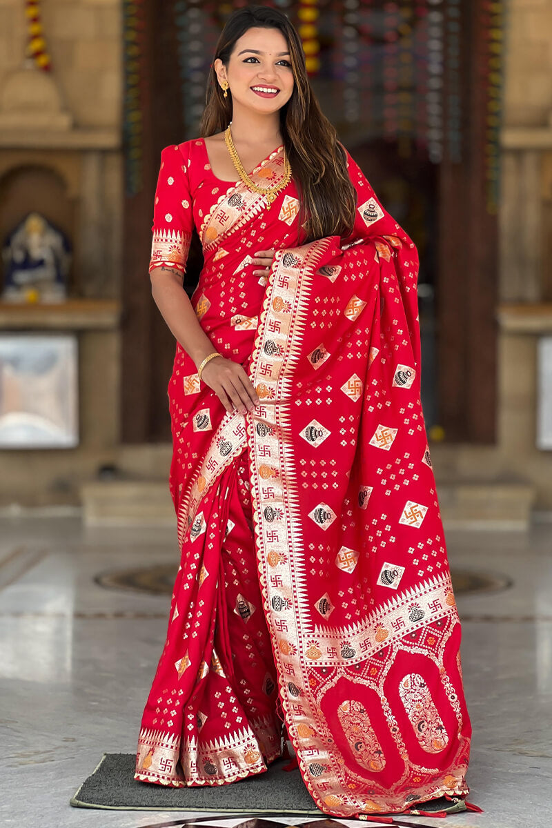 Enigmatic Red Soft Banarasi Silk Saree With Tempting Blouse Piece