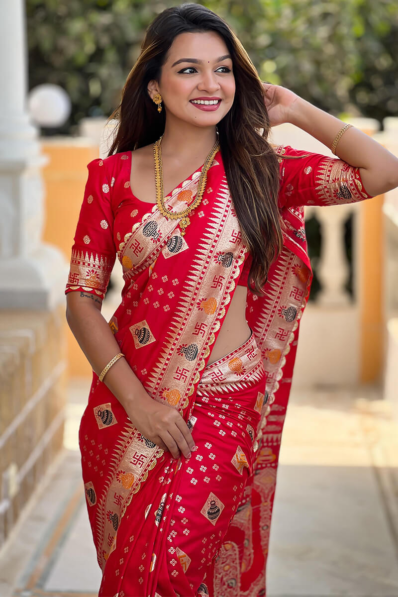 Enigmatic Red Soft Banarasi Silk Saree With Tempting Blouse Piece