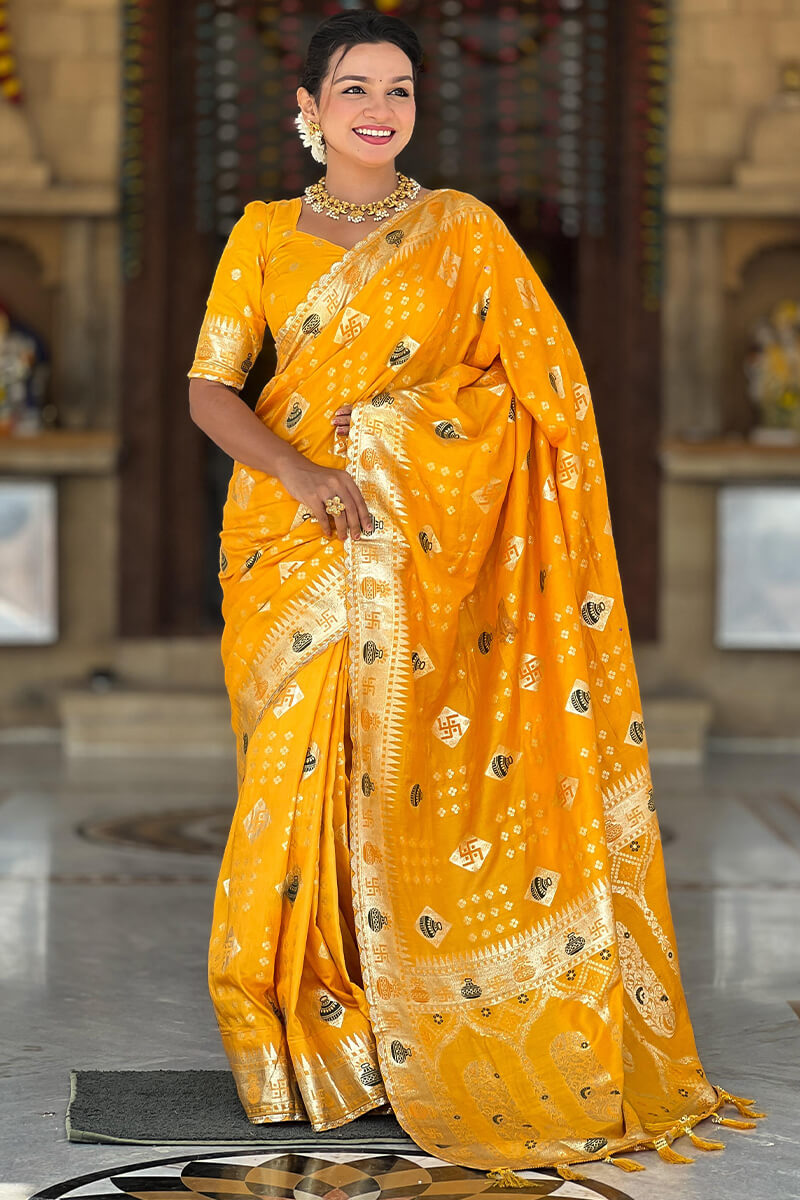 Ratatouille Yellow Soft Banarasi Silk Saree With Efflorescence Blouse Piece