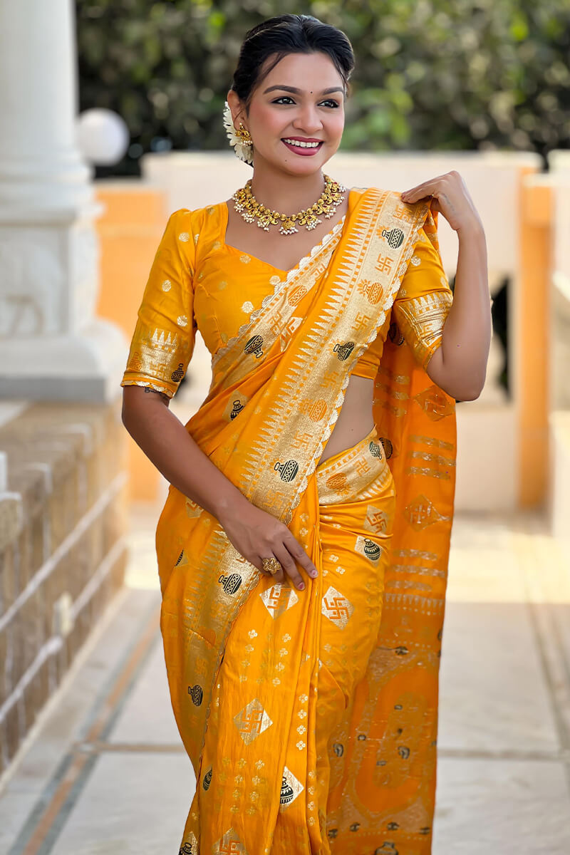 Ratatouille Yellow Soft Banarasi Silk Saree With Efflorescence Blouse Piece