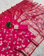 Beguiling Dark Pink Pure Zari Weaving Banarasi Silk Saree With Rhapsodic Blouse Piece