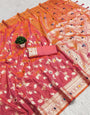 Gossamer Peach Pure Zari Weaving Banarasi Silk Saree With Eloquence Blouse Piece