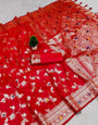 Desirable Red Pure Zari Weaving Banarasi Silk Saree With Exceptional Blouse Piece