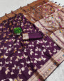Flattering Wine Pure Zari Weaving Banarasi Silk Saree With Stunning Blouse Piece