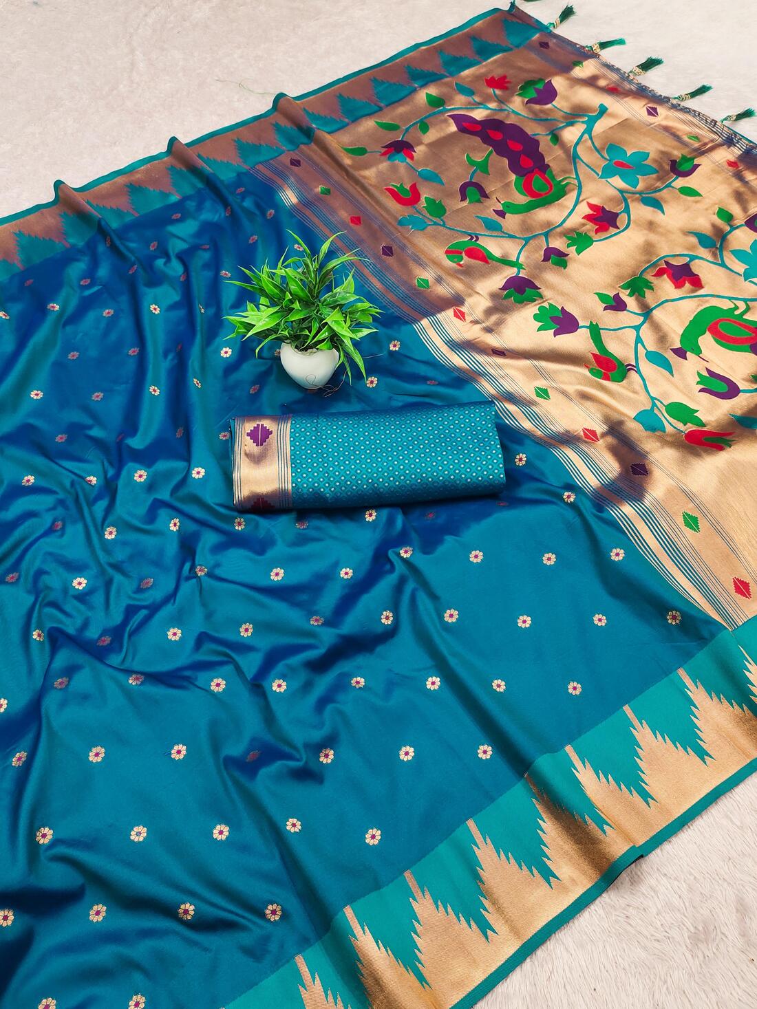 Fancifull Firozi Paithani Silk Saree With Blissful Blouse Piece