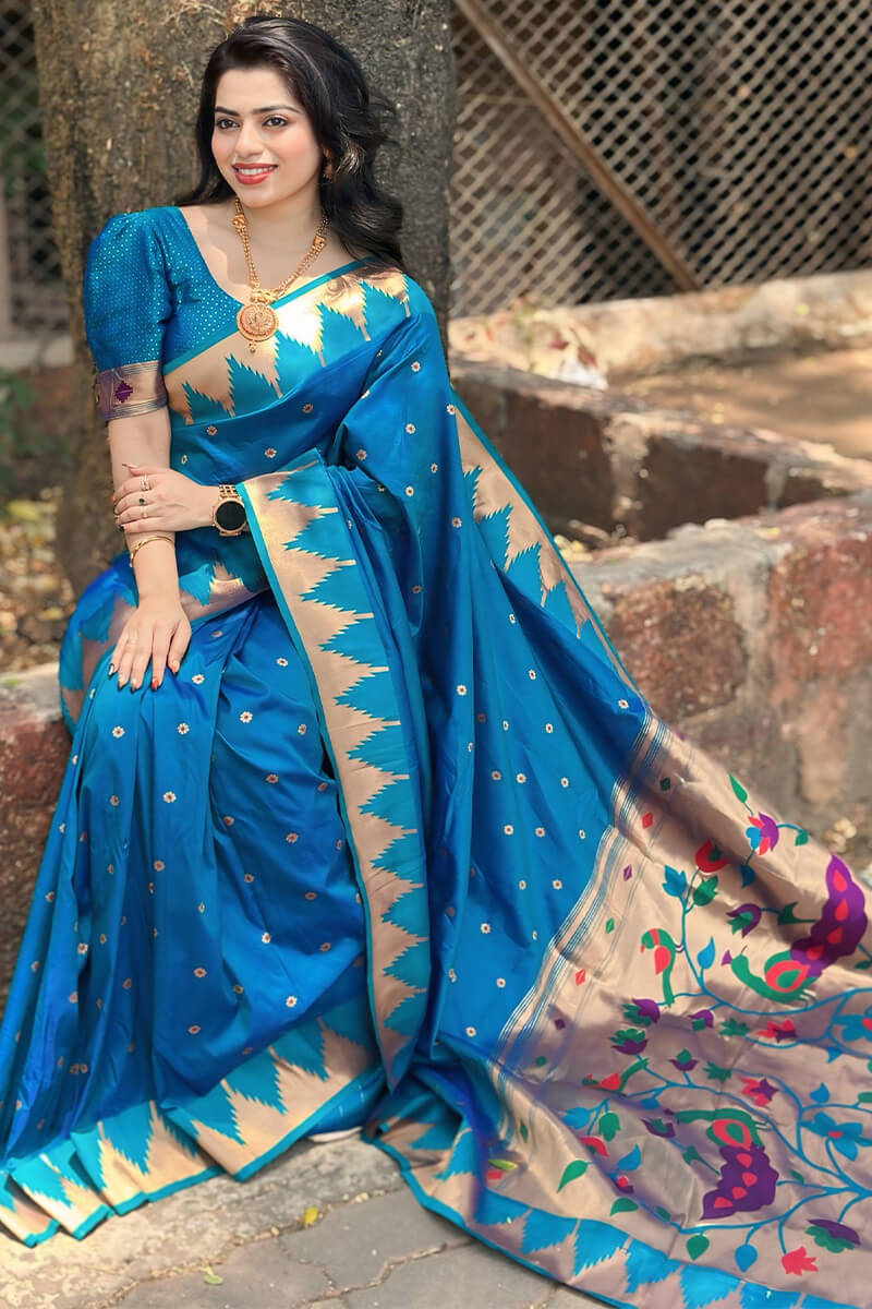 Fancifull Firozi Paithani Silk Saree With Blissful Blouse Piece