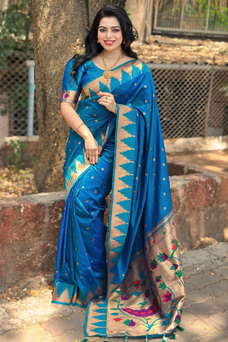 Fancifull Firozi Paithani Silk Saree With Blissful Blouse Piece