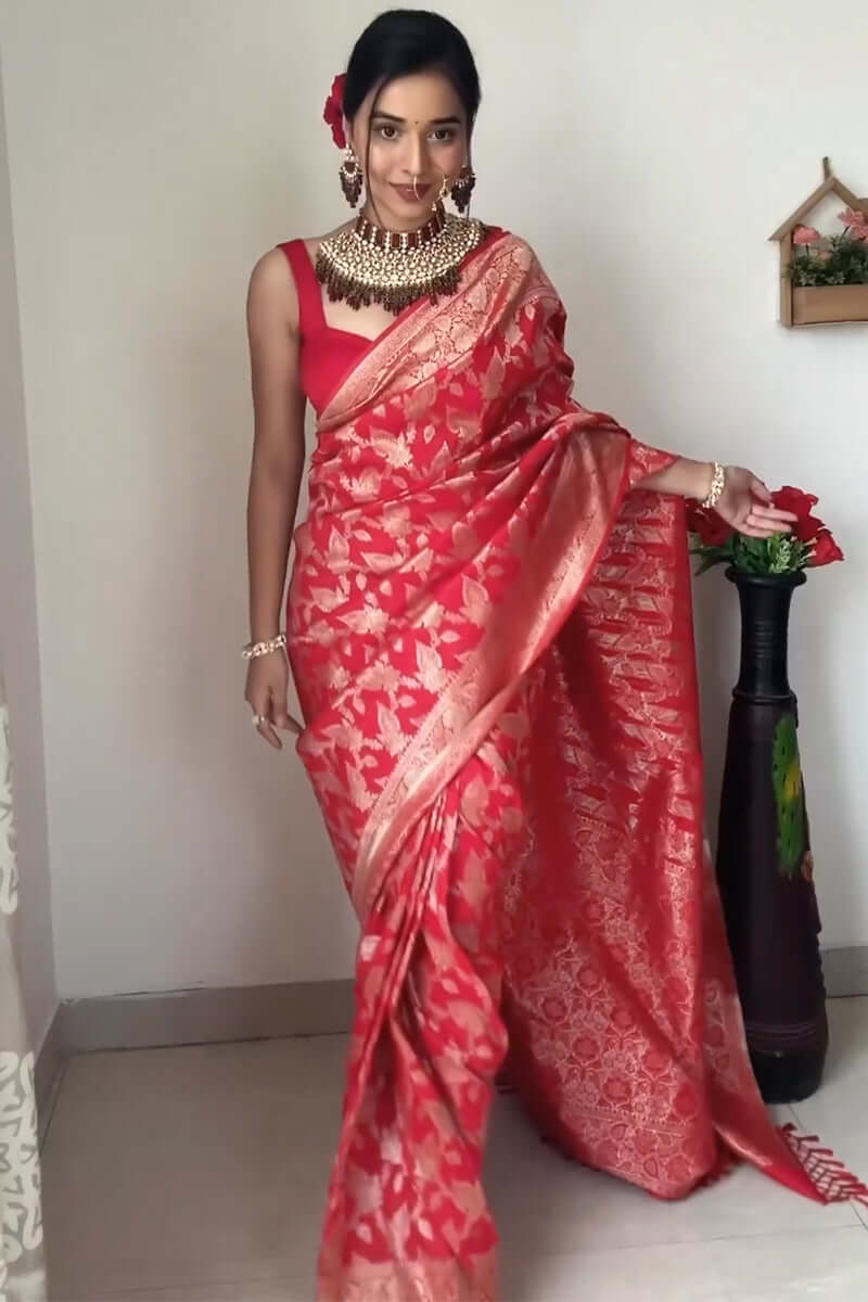 Stylish 1-Minute Ready To Wear Red Soft Silk Saree