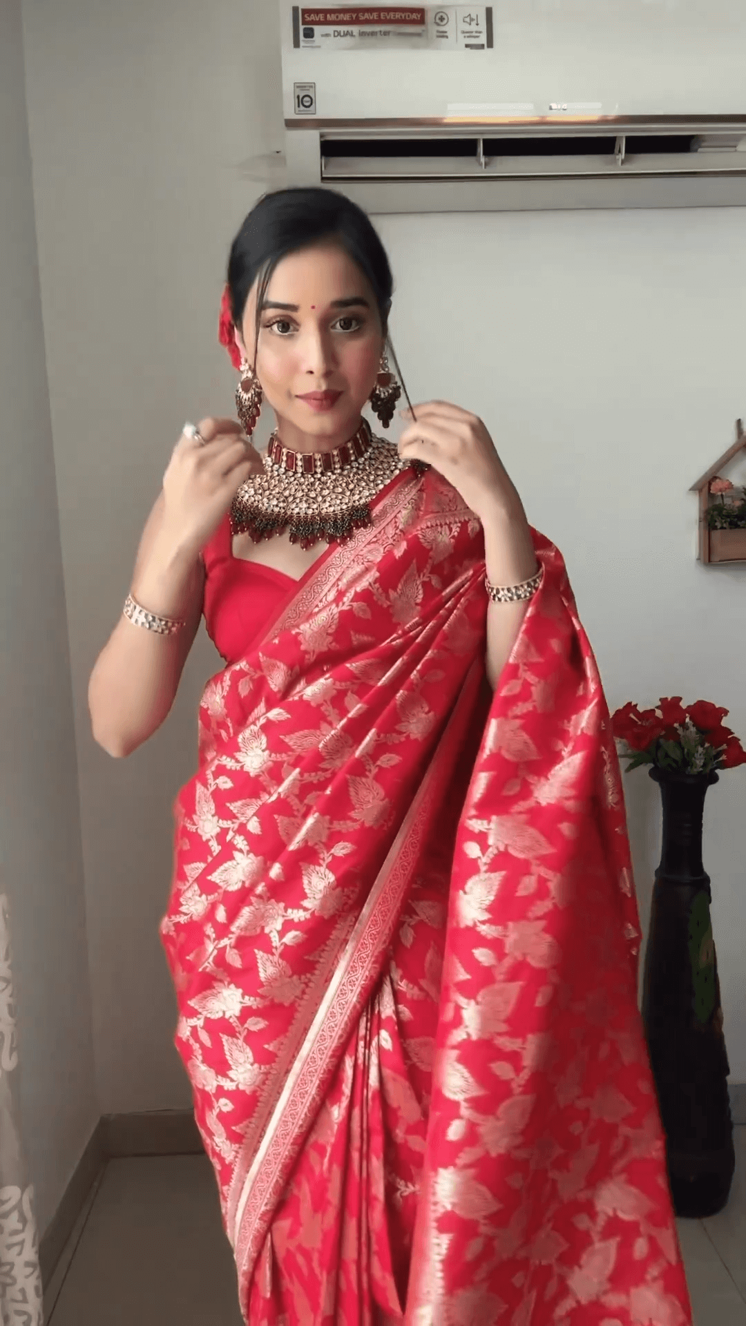 Stylish 1-Minute Ready To Wear Red Soft Silk Saree