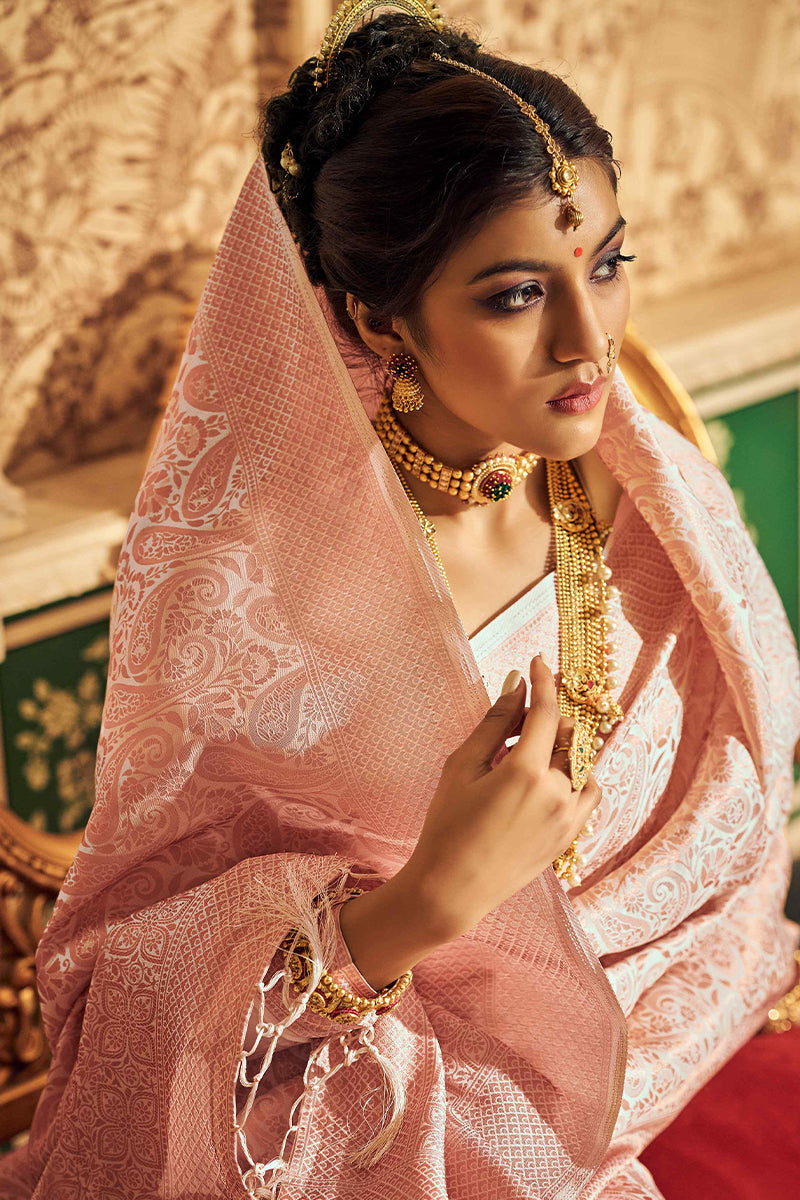 A dreamy Beige Kanjivaram Silk Saree With Eloquence Blouse Piece