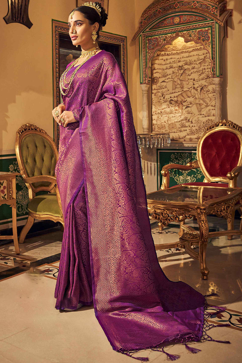 Sumptuous Purple Kanjivaram Silk Saree With Snazzy Blouse Piece