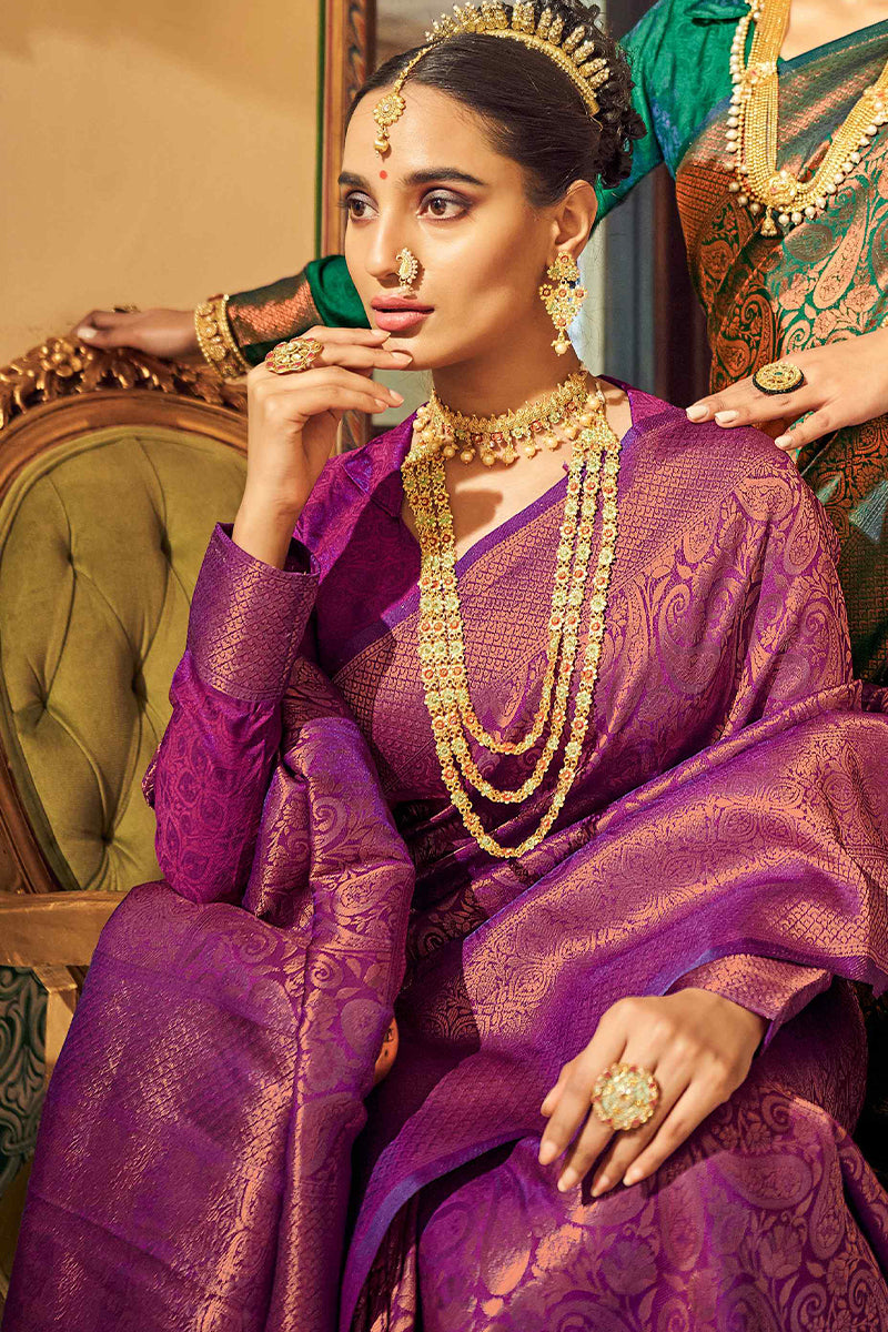 Sumptuous Purple Kanjivaram Silk Saree With Snazzy Blouse Piece