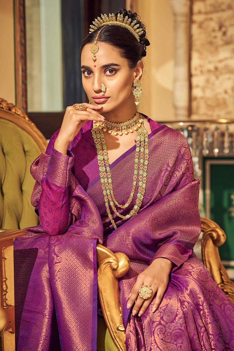 Sumptuous Purple Kanjivaram Silk Saree With Snazzy Blouse Piece