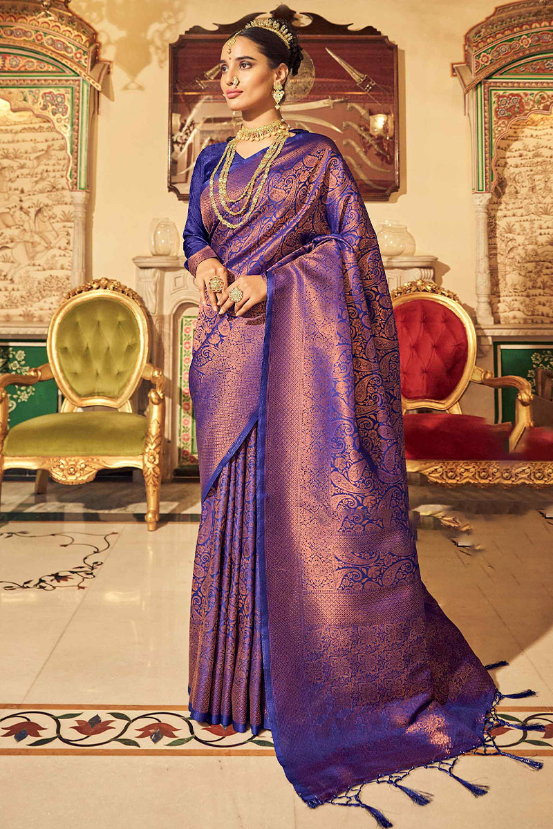 Enamoring Royal Blue Kanjivaram Silk Saree With Grandiose Blouse Piece