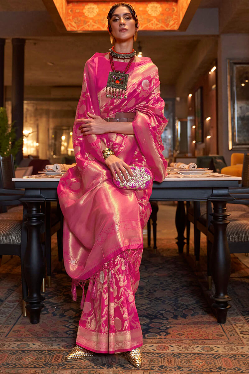 Ravishing Dark Pink Soft Banarasi Silk Saree With Sizzling Blouse Piece
