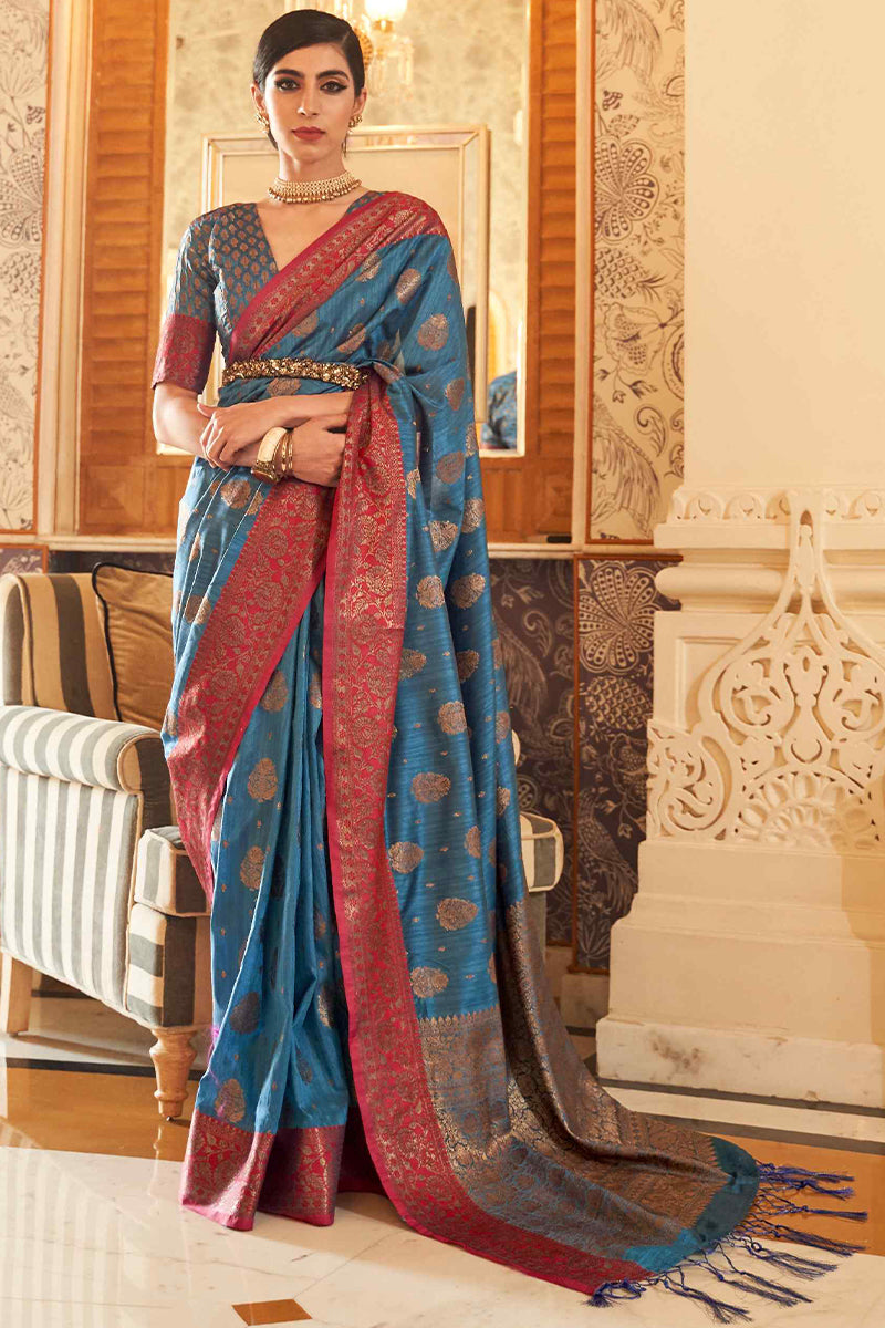 Invaluable Blue Soft Banarasi Silk Saree With Entrancing Blouse Piece