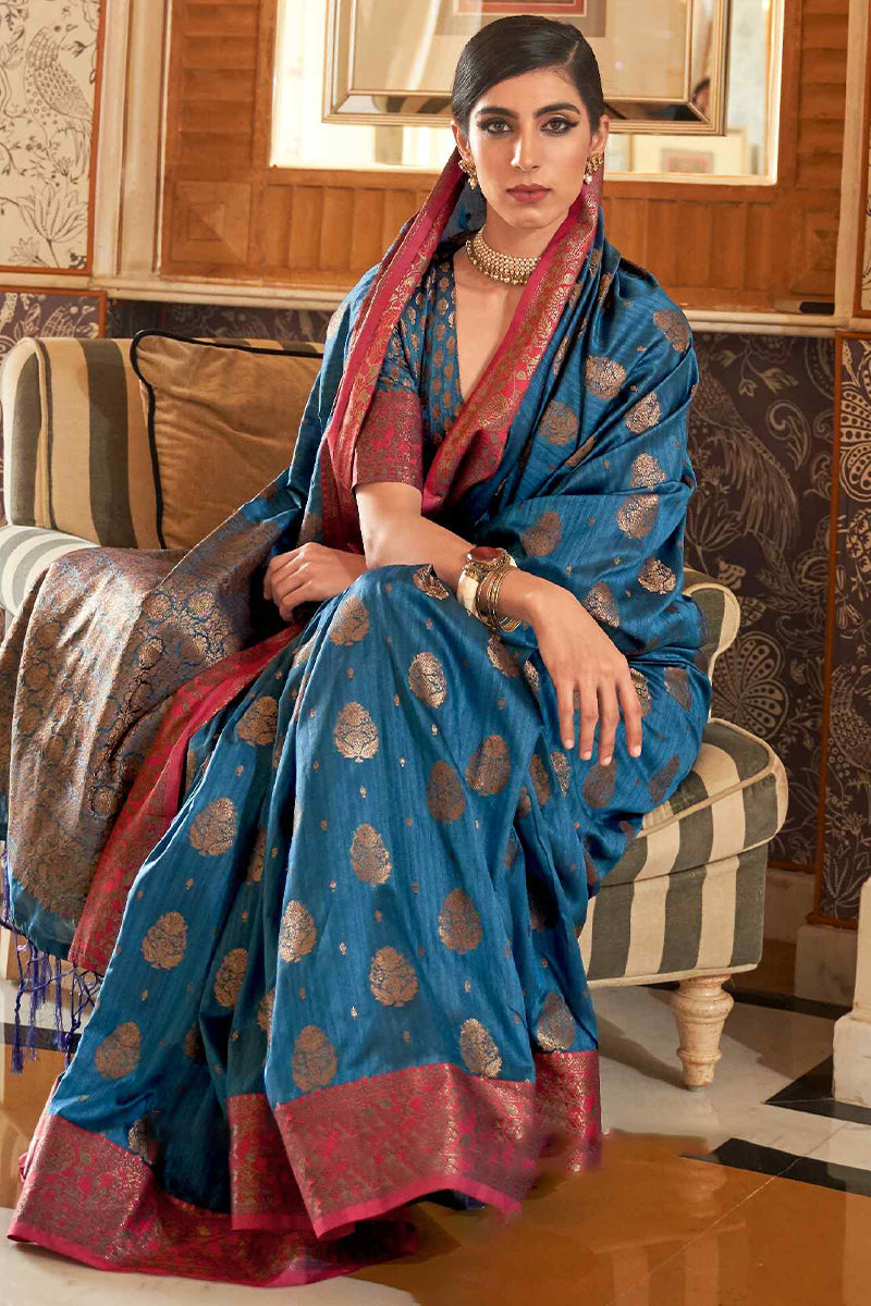 Invaluable Blue Soft Banarasi Silk Saree With Entrancing Blouse Piece