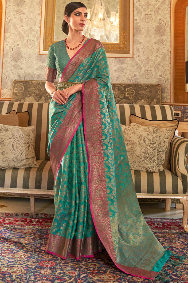 Prettiest Rama Soft Banarasi Silk Saree With Stunning Blouse Piece