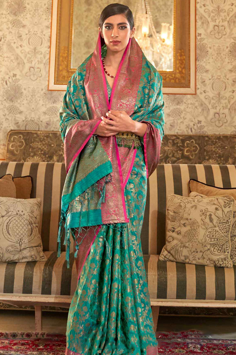 Prettiest Rama Soft Banarasi Silk Saree With Stunning Blouse Piece