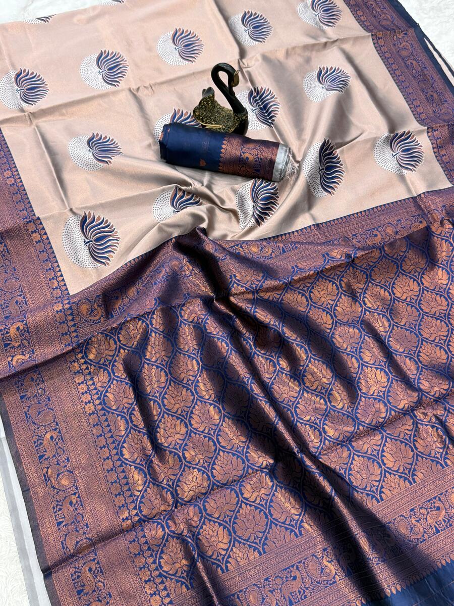 Pretty Beige and Blue Soft Silk Saree With Seraglio Blouse Piece