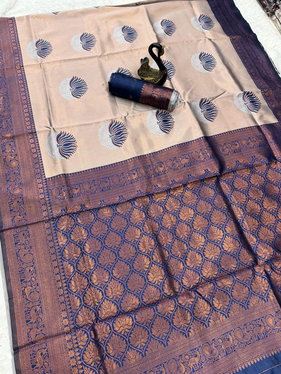 Pretty Beige and Blue Soft Silk Saree With Seraglio Blouse Piece